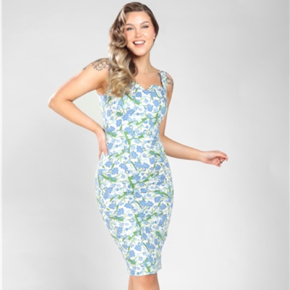 Collectif Blue and Green Floral Midi Dress